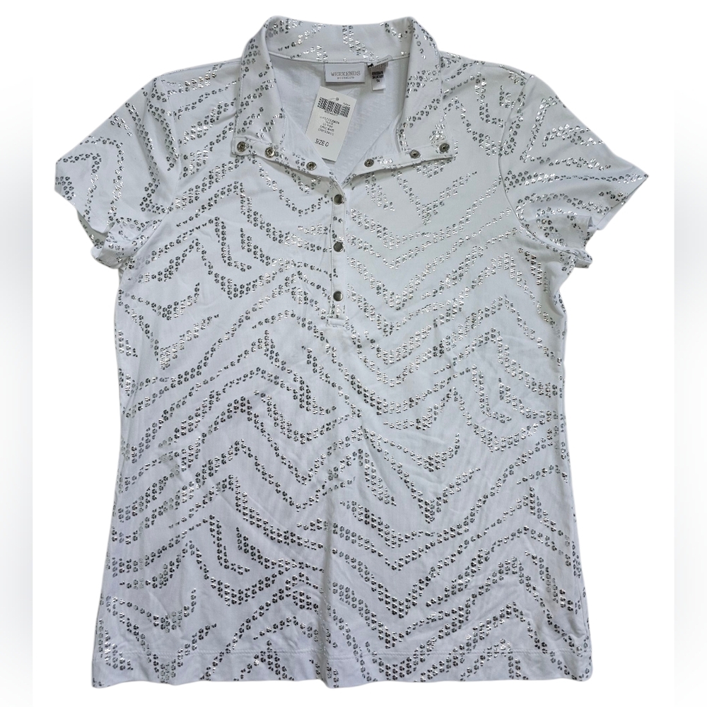 Chicos Size 0, White Ansld Silver Polo Shirt, Short Sleeve. NWT